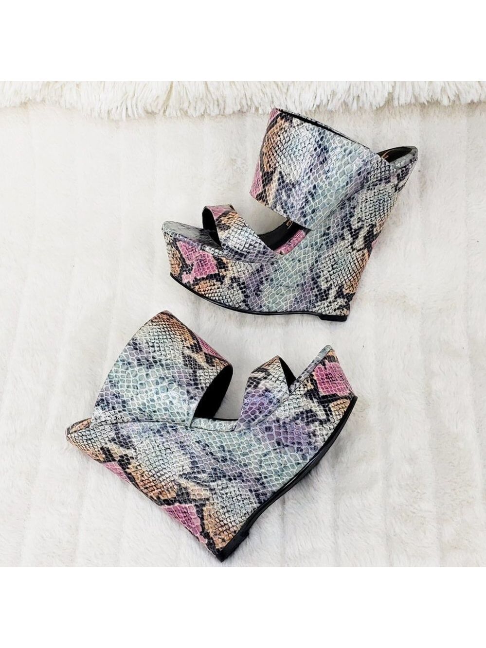 Wide Strap Slip On Multicolor Snake Print 6" Wedge Heel Shoe Platform Sandals - Picture 4 of 13